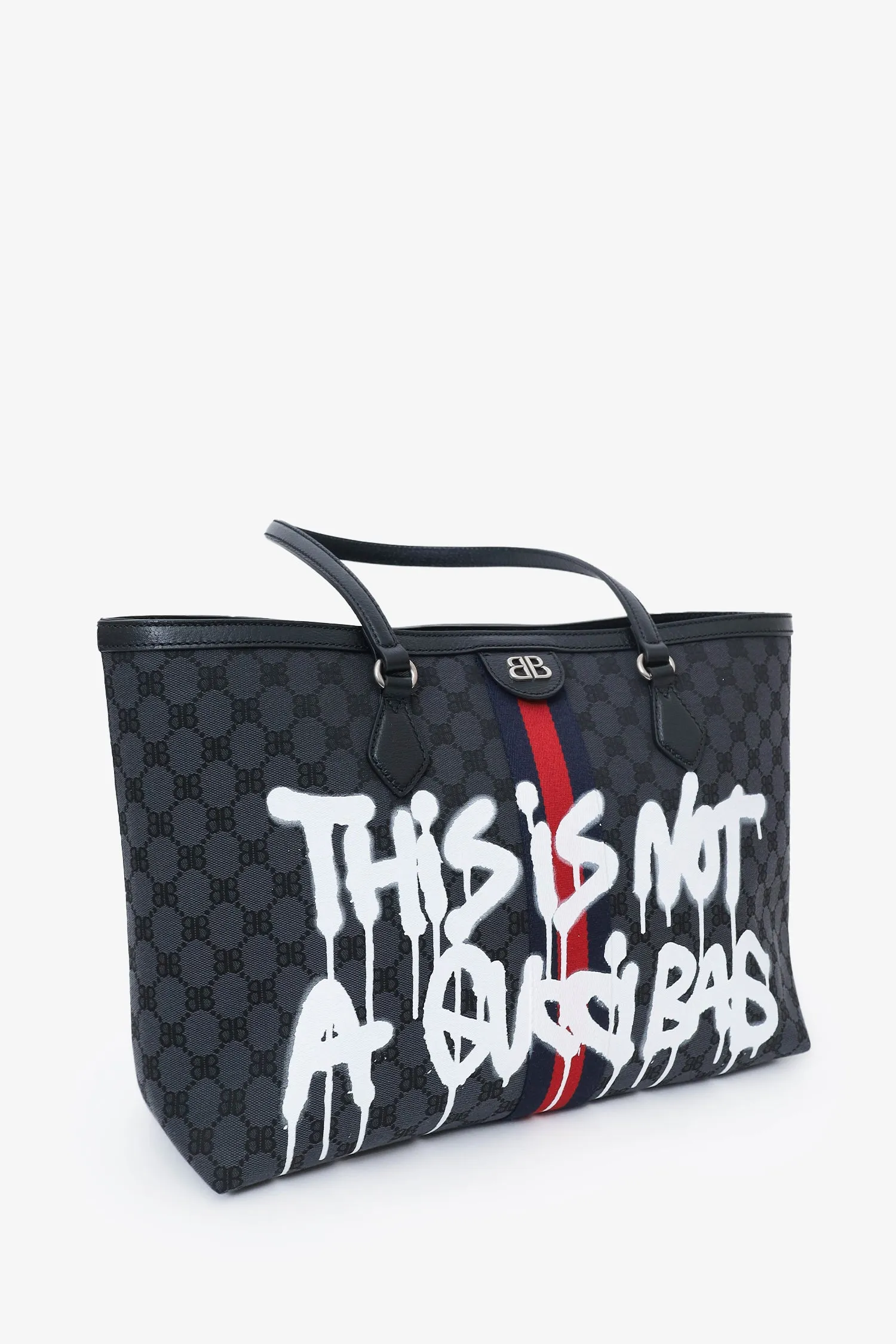 Balenciaga x Gucci Black BB Monogram Web Graffiti Medium Ophidia Shopping Tote