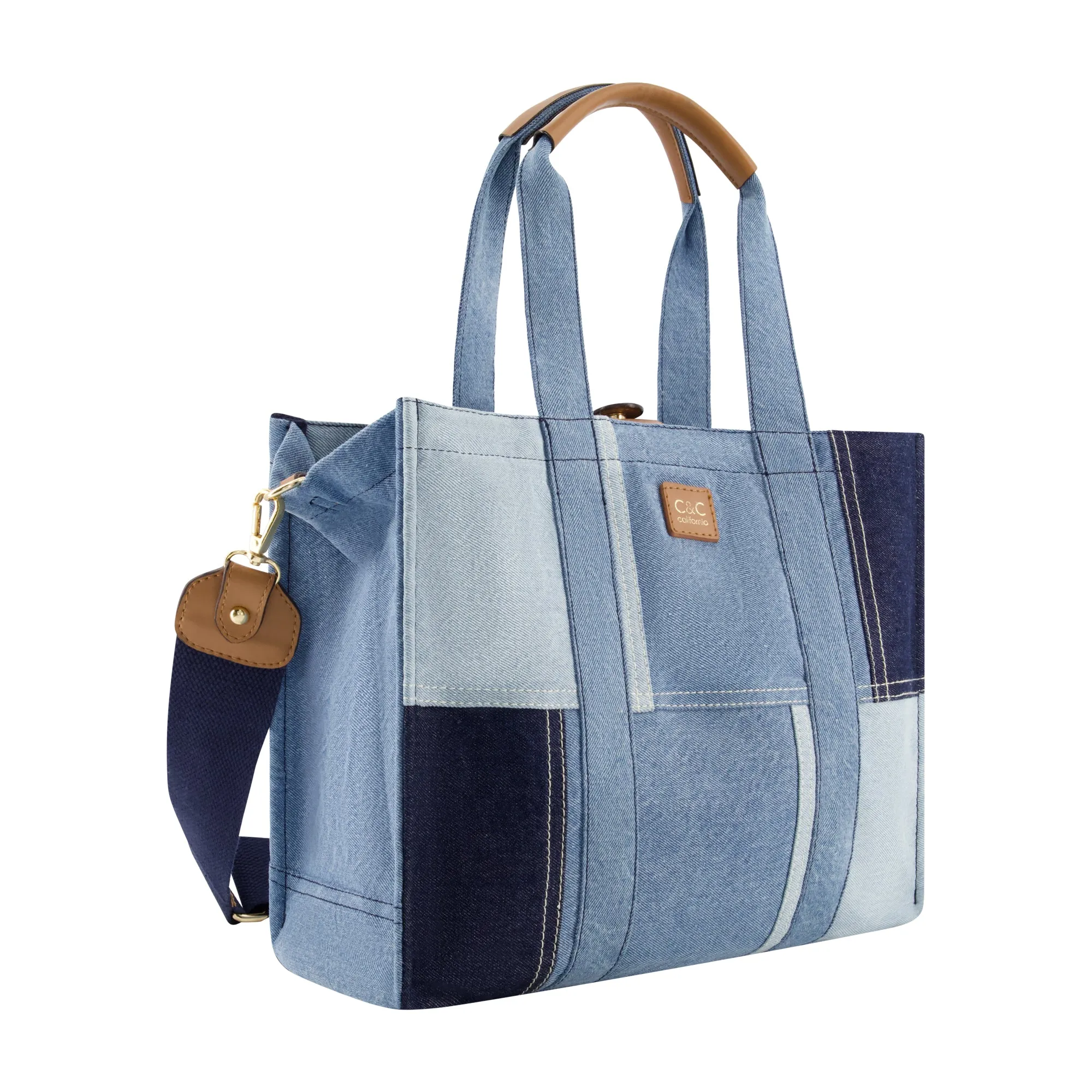 C & C California Medium Denim Patchwork Tote with Pocket