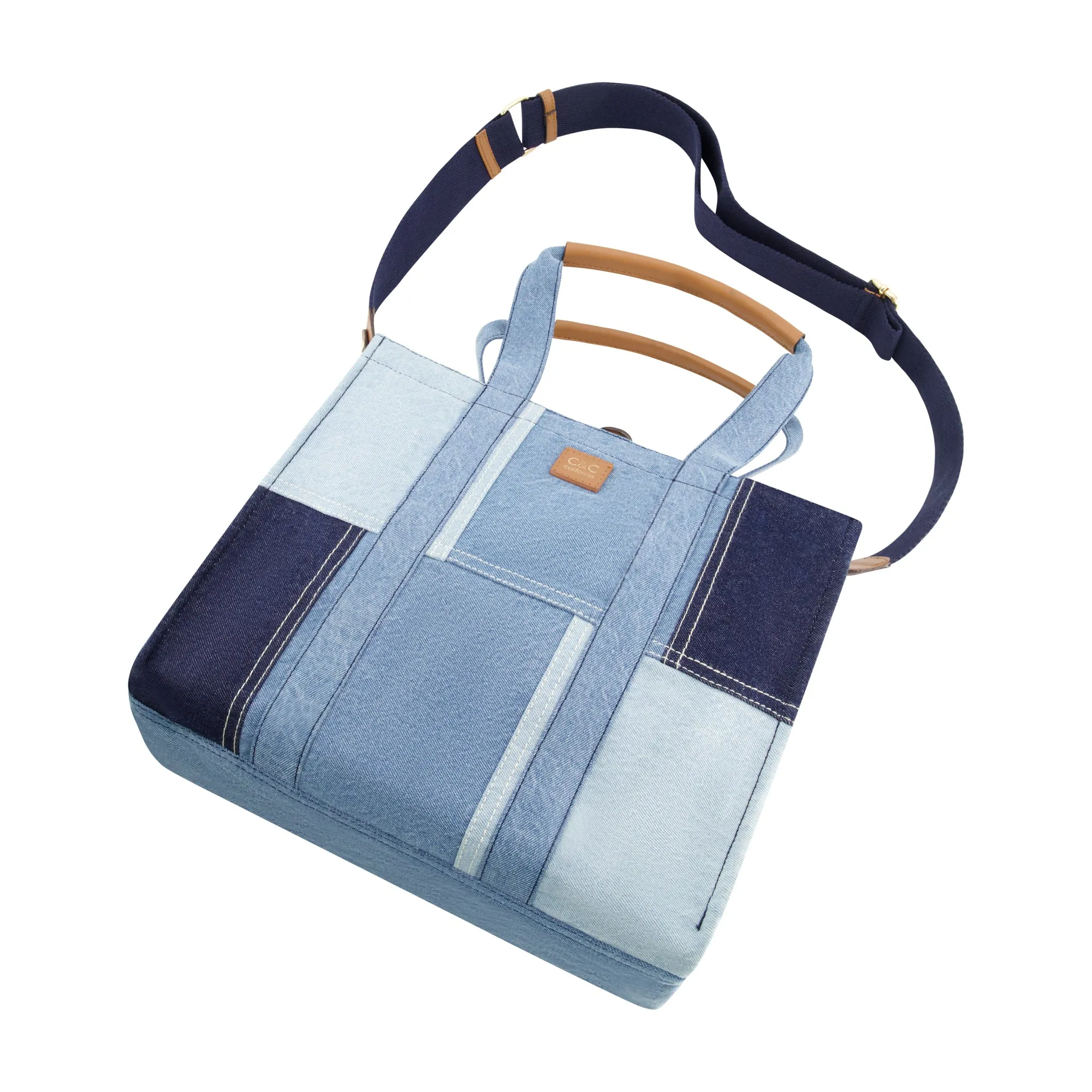 C & C California Medium Denim Patchwork Tote with Pocket