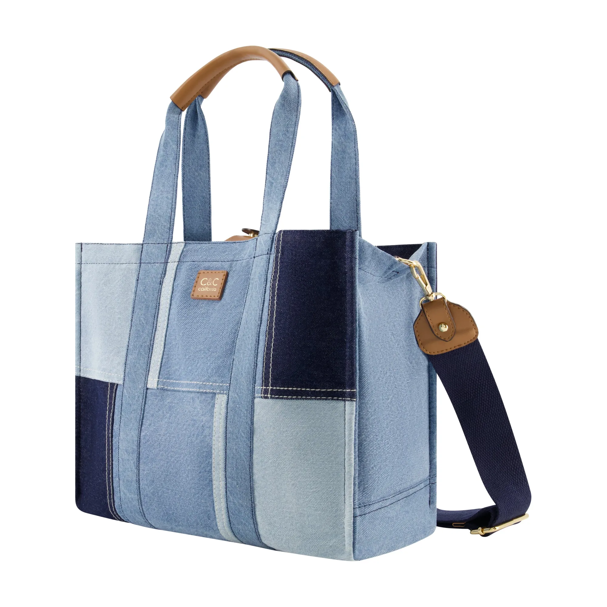 C & C California Medium Denim Patchwork Tote with Pocket