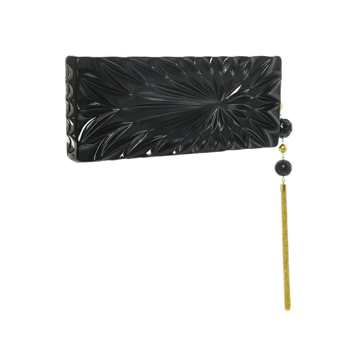 Douglaspoon Hand Carved Long Rectangular Clutch Bag Black With Gold Tone