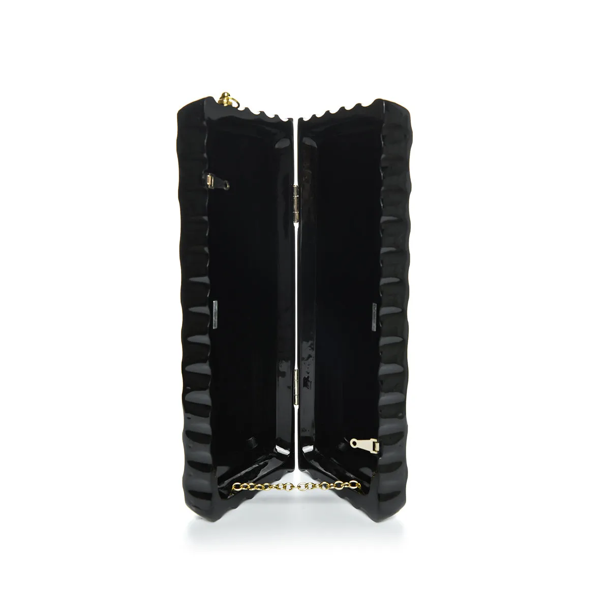 Douglaspoon Hand Carved Long Rectangular Clutch Bag Black With Gold Tone
