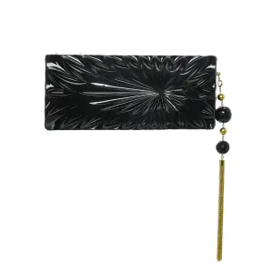 Douglaspoon Hand Carved Long Rectangular Clutch Bag Black With Gold Tone