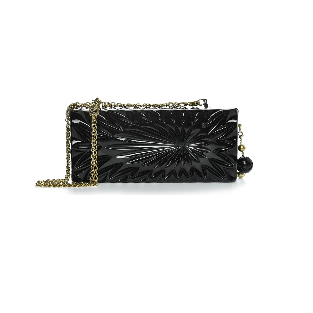 Douglaspoon Hand Carved Long Rectangular Clutch Bag Black With Gold Tone