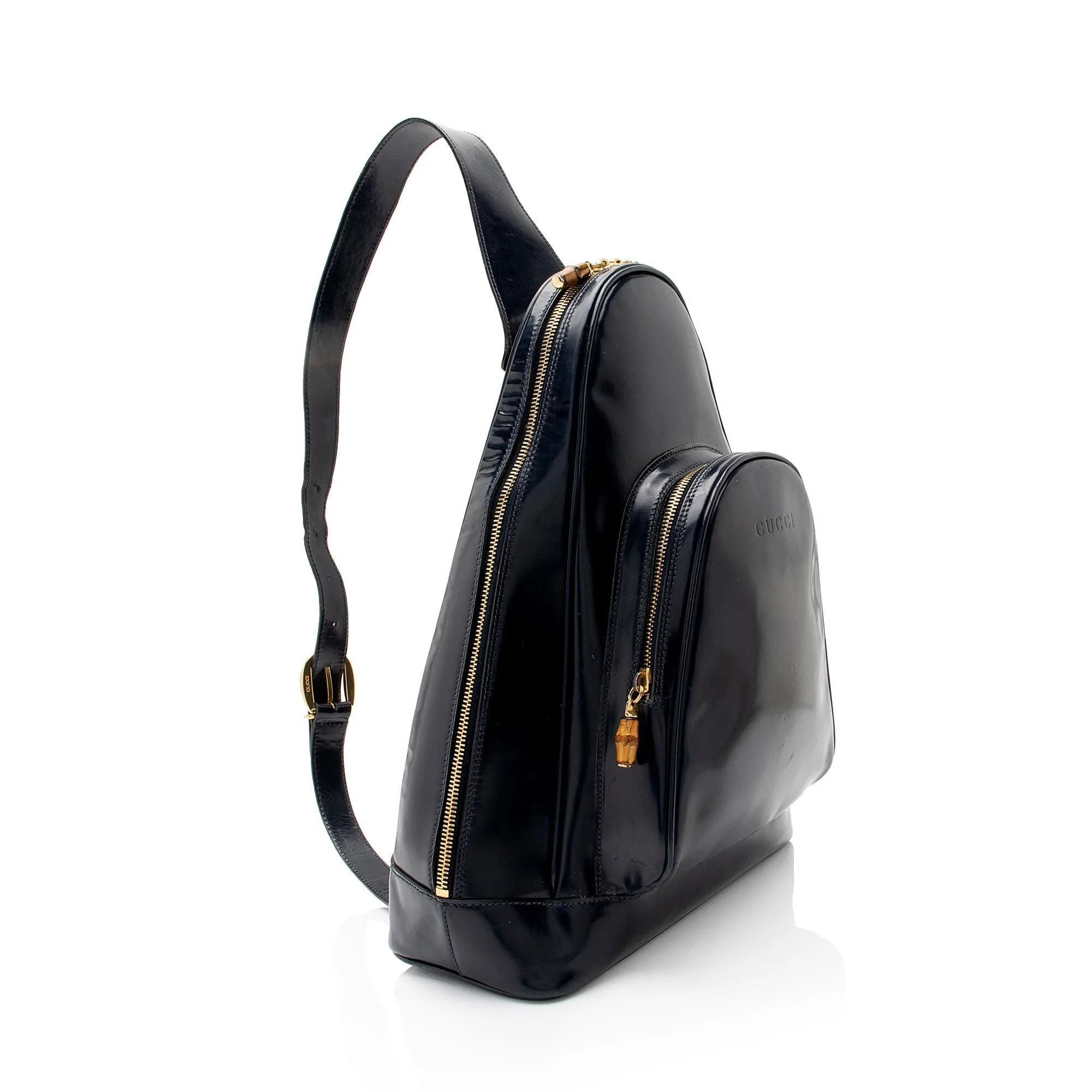 Gucci Vintage Patent Leather Bamboo Sling Backpack (SHF-dSK8BK)
