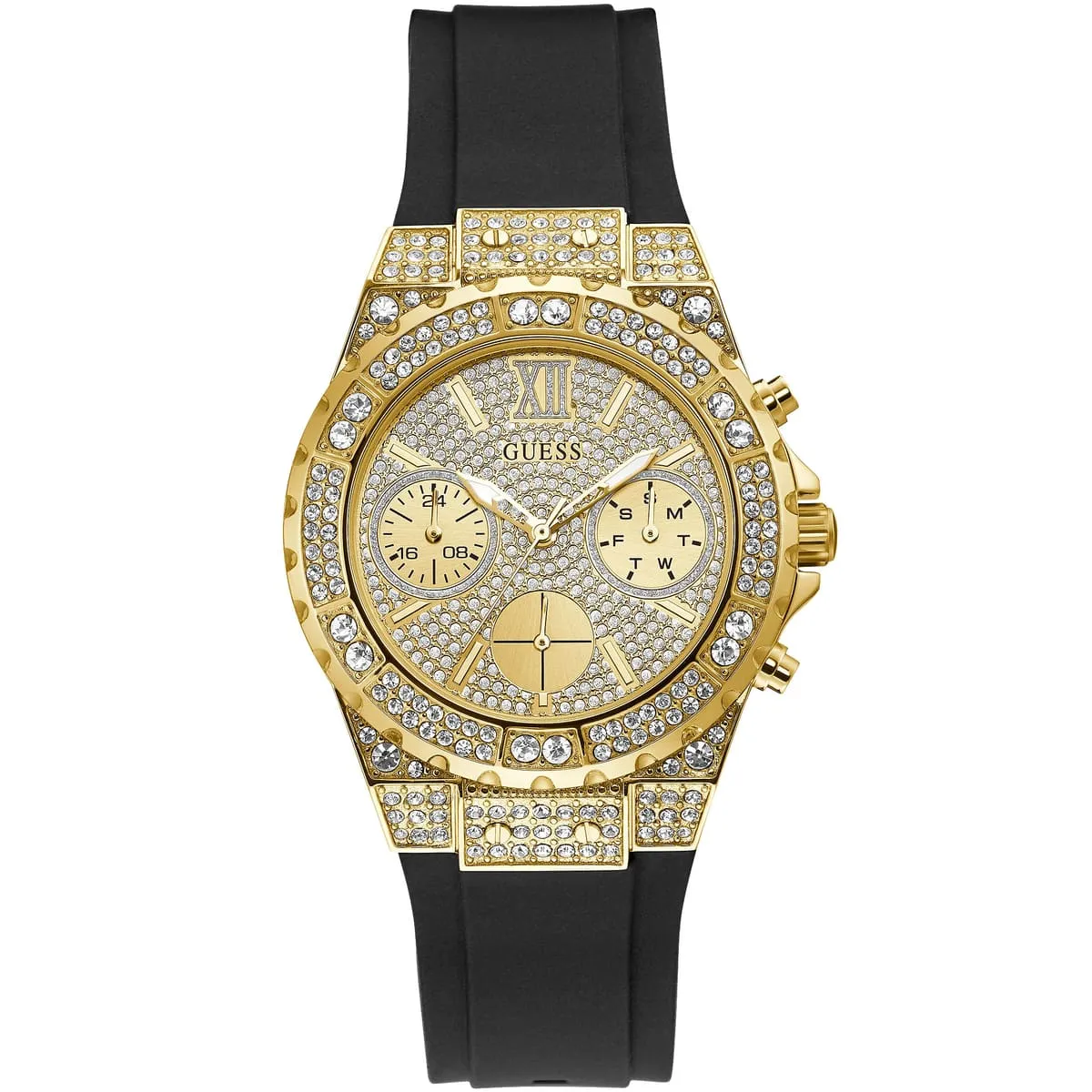 G.U.E.S.S  Frontier Diamonds Gold Dial Black Rubber Strap Watch