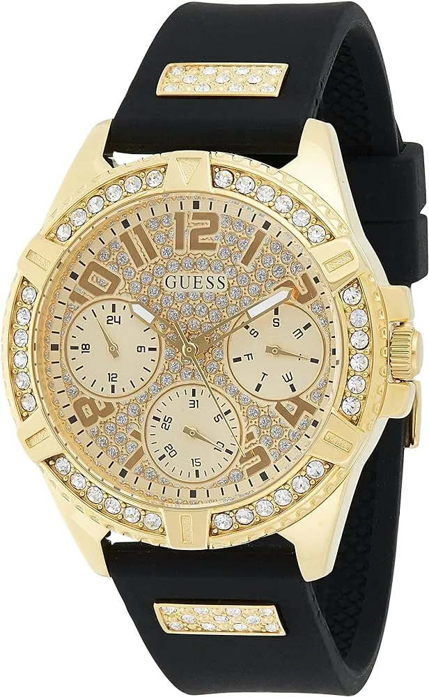 G.U.E.S.S  Frontier Diamonds Gold Dial Black Rubber Strap Watch