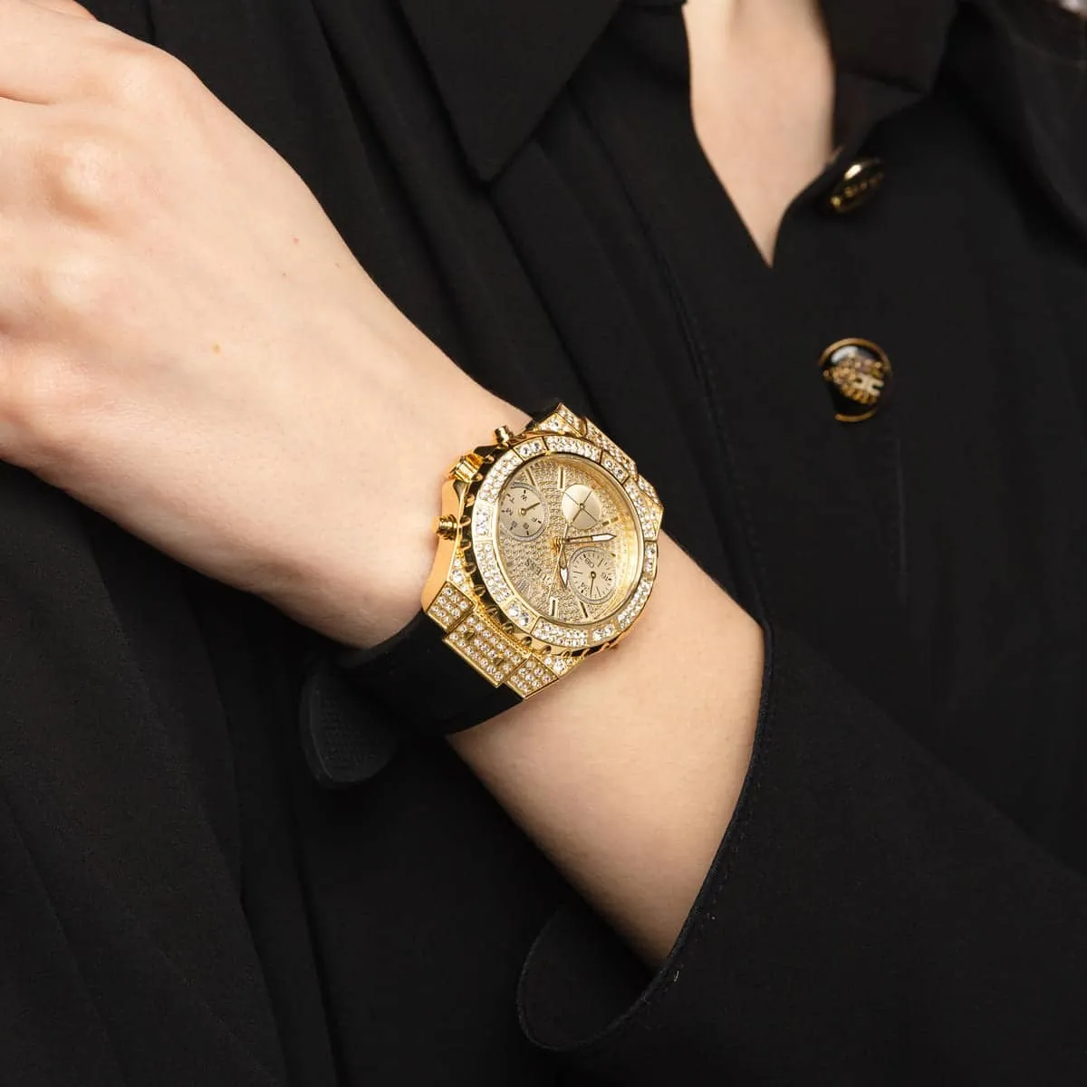 G.U.E.S.S  Frontier Diamonds Gold Dial Black Rubber Strap Watch