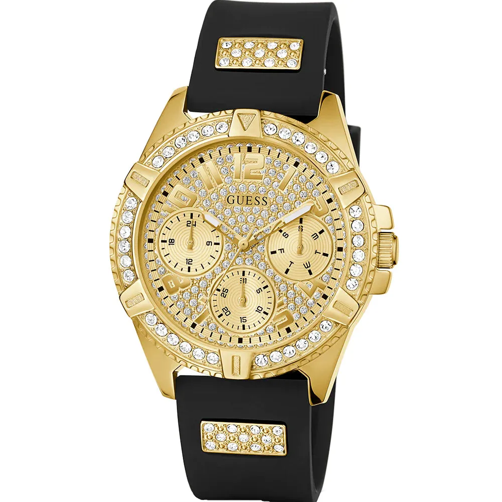 G.U.E.S.S  Frontier Diamonds Gold Dial Black Rubber Strap Watch
