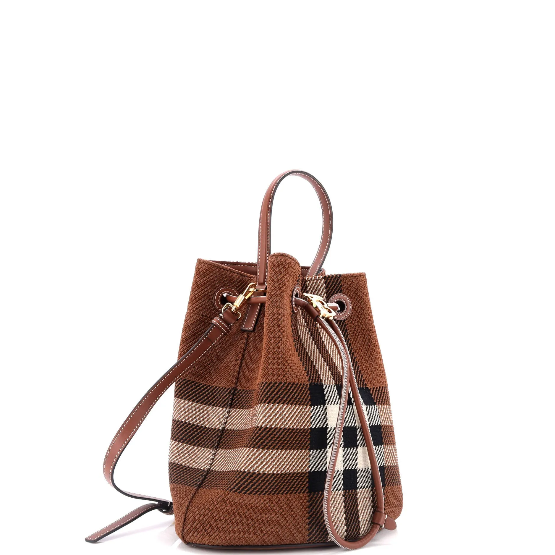 TB Drawstring Bucket Bag Check Knitted Fabric Small
