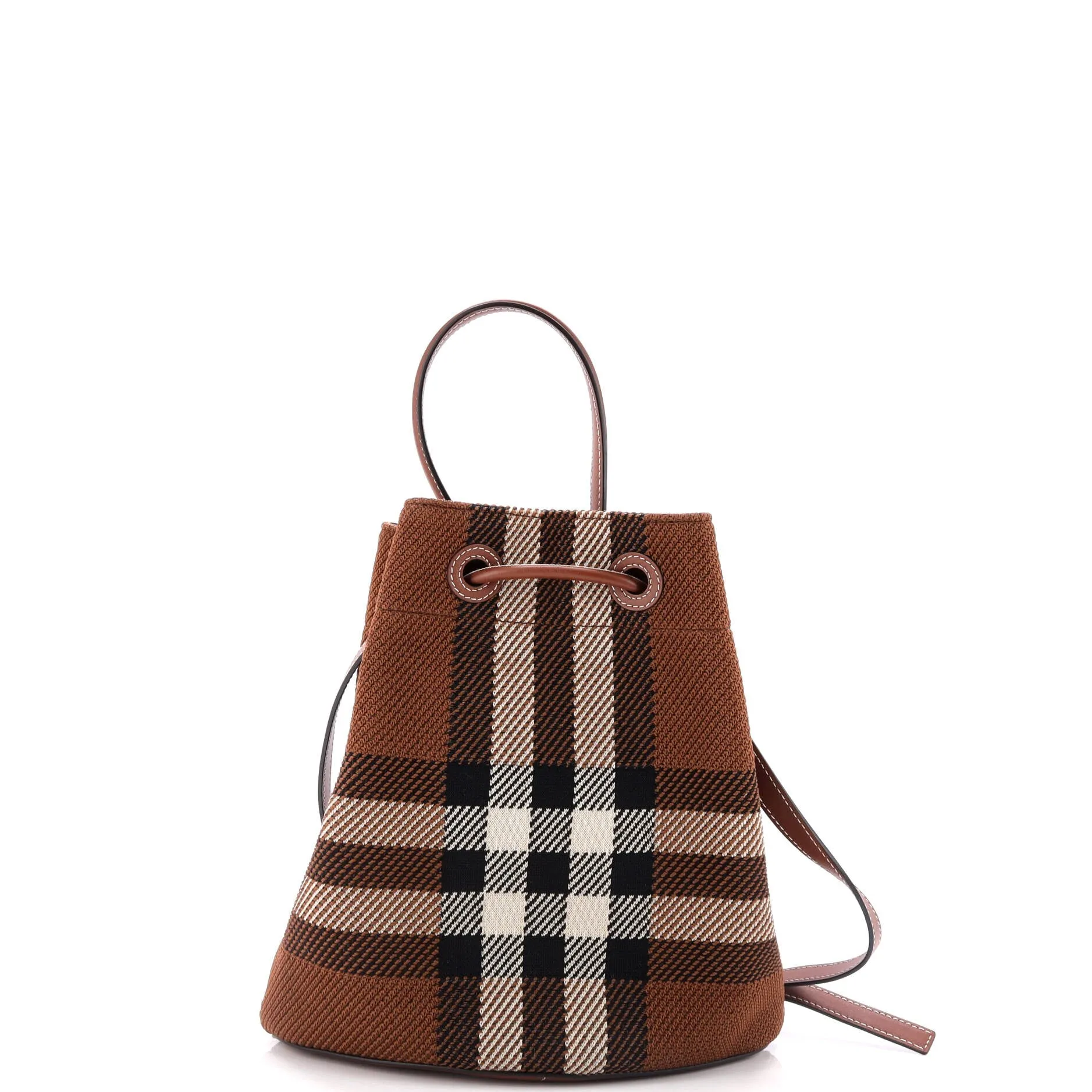 TB Drawstring Bucket Bag Check Knitted Fabric Small